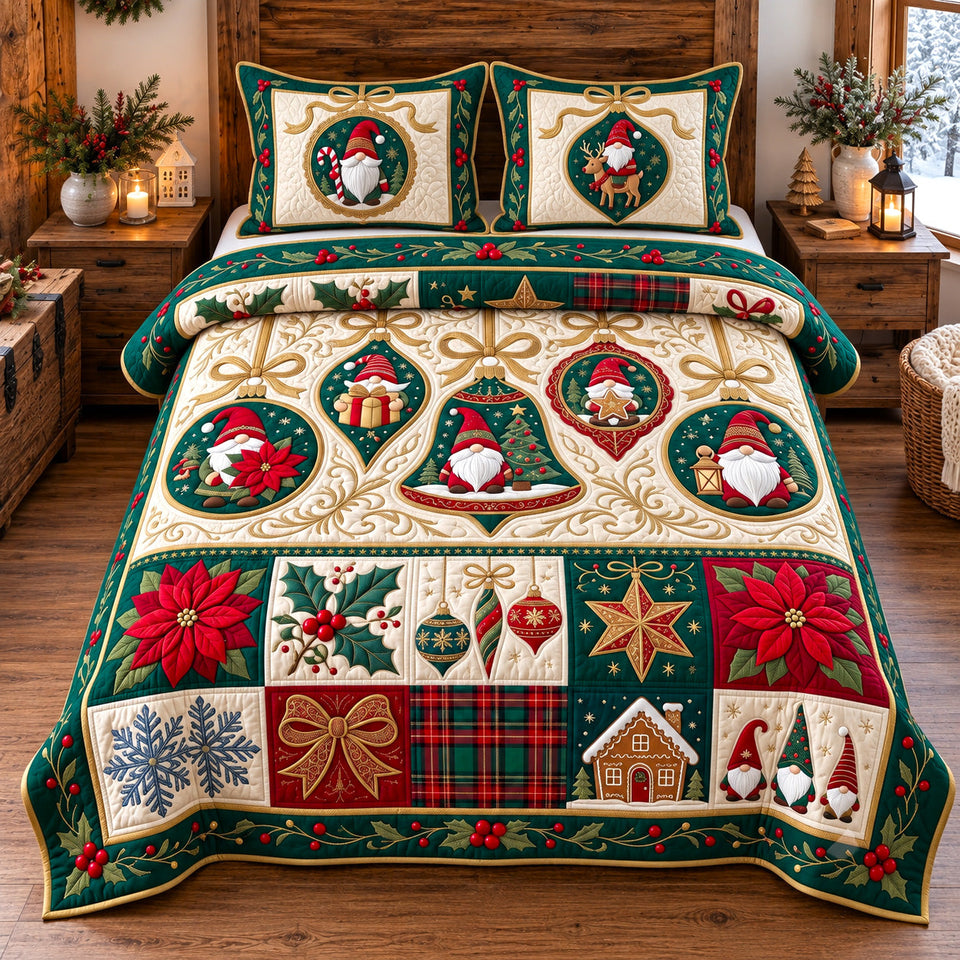 Gnome Ornament Patchwork quilted bedding set, quilt and two pillow shams on a made bed