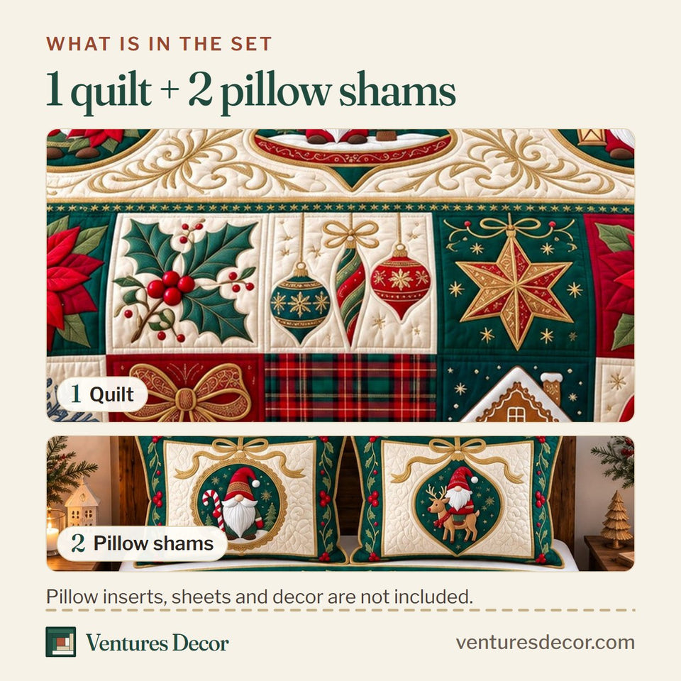 What is in the set: one quilt and two pillow shams, shown in the Christmas Gnome Ornament Patchwork Quilt Set, 3-Piece Quilted Bedding with 2 Pillow Shams design