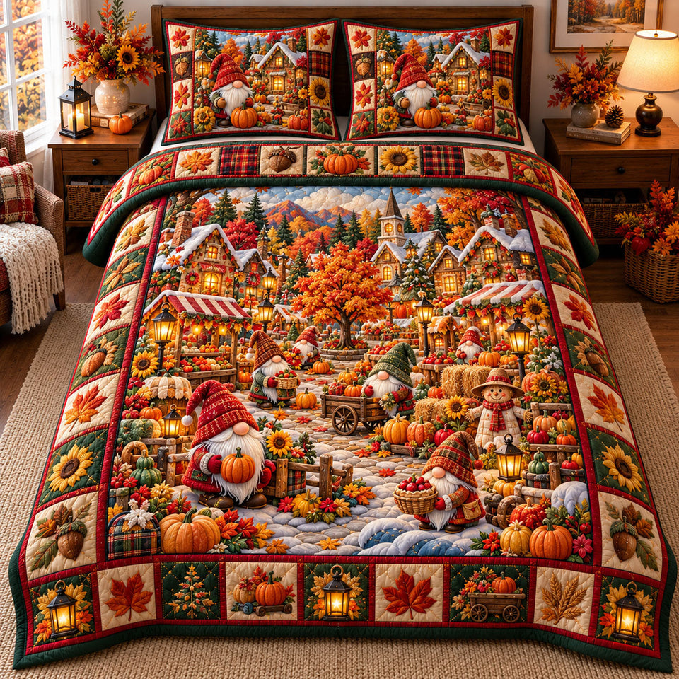 Gnome Village Fairy Garden quilted bedding set, quilt and two pillow shams on a made bed