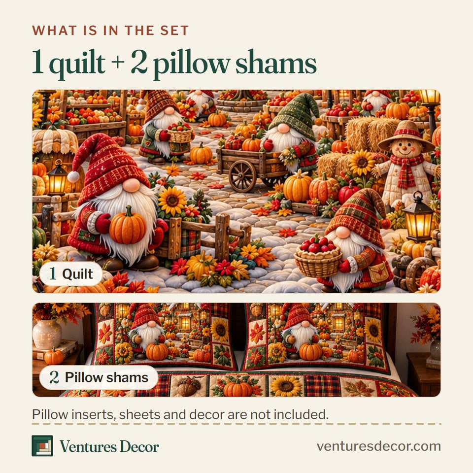 What is in the set: one quilt and two pillow shams, shown in the Gnome Village Fairy Garden Quilt Set, 3-Piece Quilted Bedding with 2 Pillow Shams design