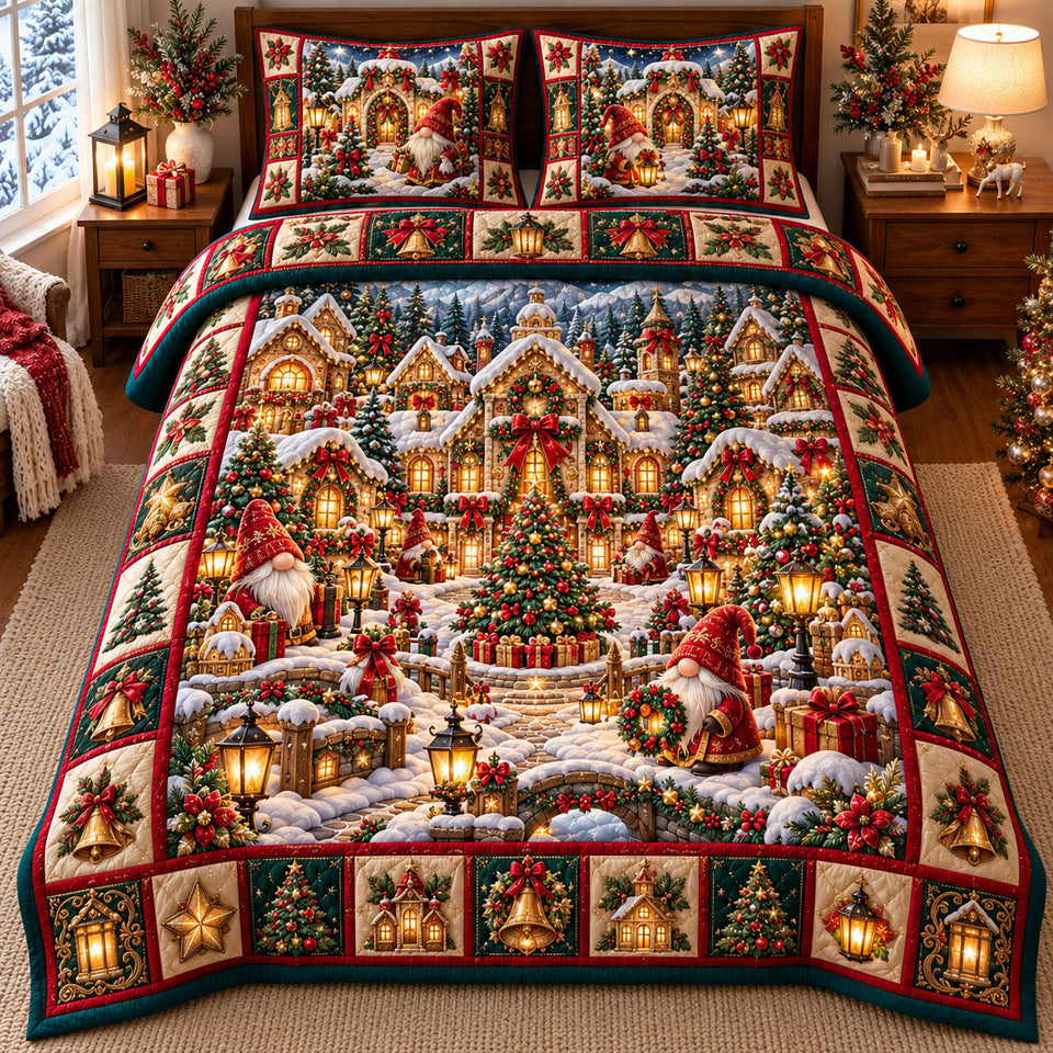 Gnome Village in Brown quilted bedding set, quilt and two pillow shams on a made bed