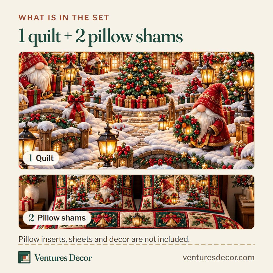 What is in the set: one quilt and two pillow shams, shown in the Gnome Village in Brown Quilt Set, 3-Piece Quilted Bedding with 2 Pillow Shams design