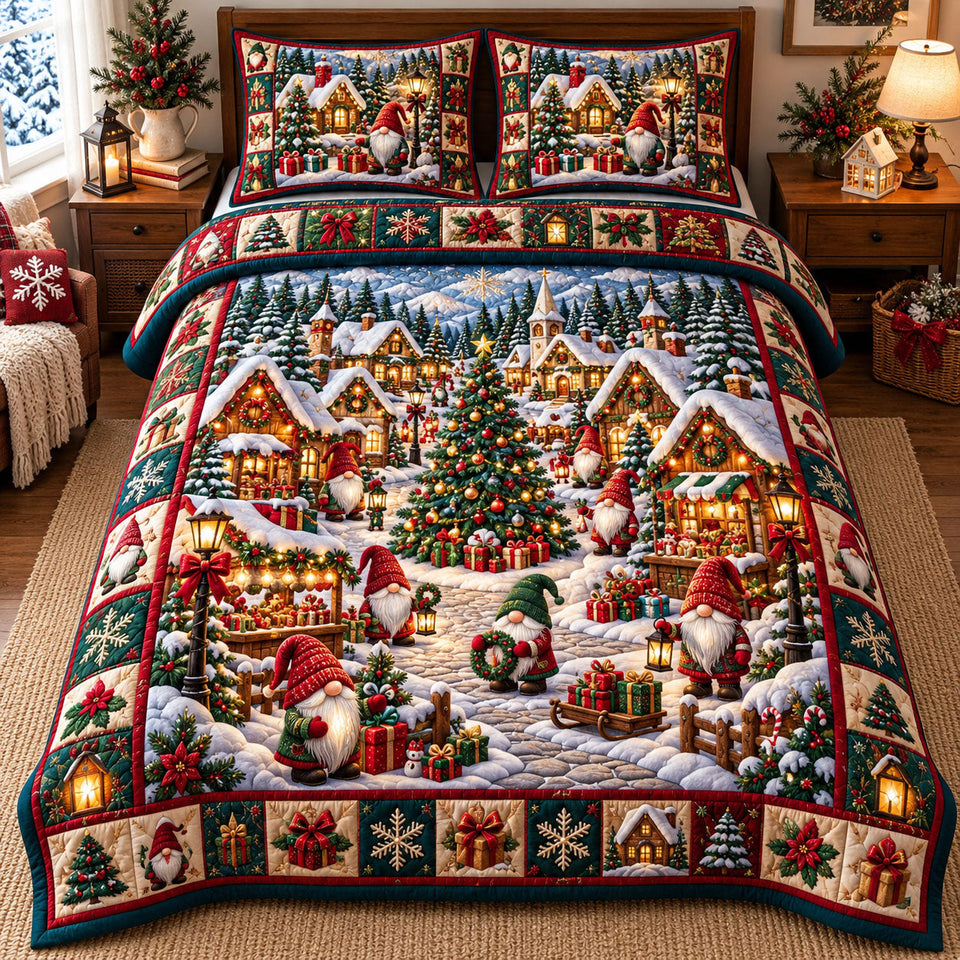 Gnome Village in Burgundy quilted bedding set, quilt and two pillow shams on a made bed