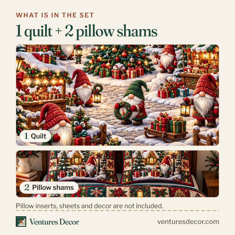 What is in the set: one quilt and two pillow shams, shown in the Gnome Village in Burgundy Quilt Set, 3-Piece Quilted Bedding with 2 Pillow Shams design
