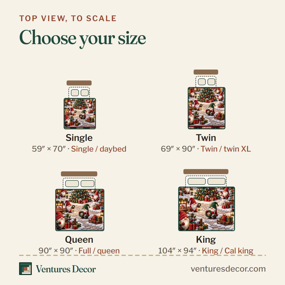 Size guide for the Gnome Village in Burgundy Quilt Set, 3-Piece Quilted Bedding with 2 Pillow Shams quilt, top view to scale: Single 59 x 70 in, Twin 69 x 90 in, Queen 90 x 90 in, King 104 x 94 in