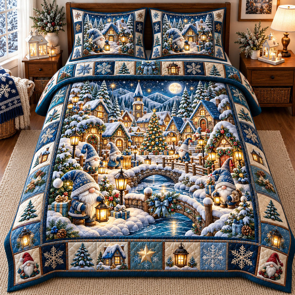 Gnome Village in Charcoal quilted bedding set, quilt and two pillow shams on a made bed
