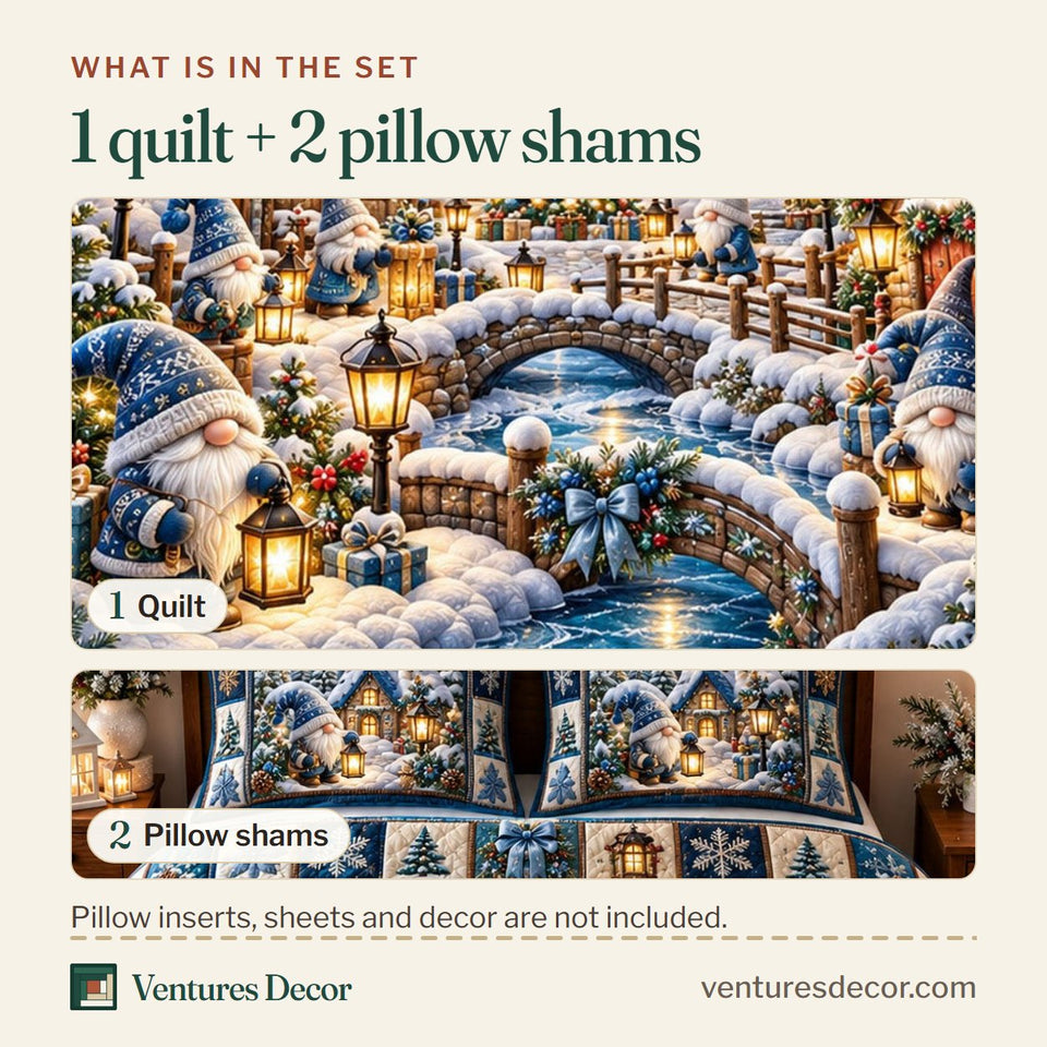 What is in the set: one quilt and two pillow shams, shown in the Gnome Village in Charcoal Quilt Set, 3-Piece Quilted Bedding with 2 Pillow Shams design