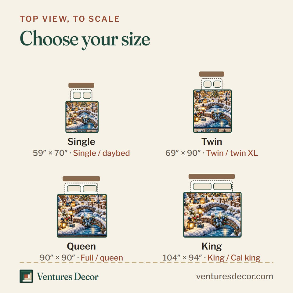 Size guide for the Gnome Village in Charcoal Quilt Set, 3-Piece Quilted Bedding with 2 Pillow Shams quilt, top view to scale: Single 59 x 70 in, Twin 69 x 90 in, Queen 90 x 90 in, King 104 x 94 in