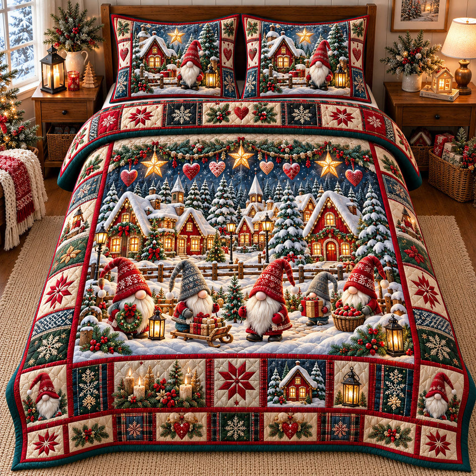 Gnome Village in Gray quilted bedding set, quilt and two pillow shams on a made bed