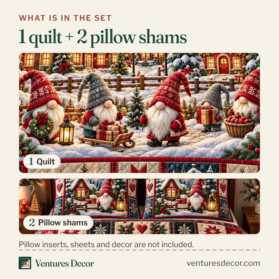 What is in the set: one quilt and two pillow shams, shown in the Gnome Village in Gray Quilt Set, 3-Piece Quilted Bedding with 2 Pillow Shams design