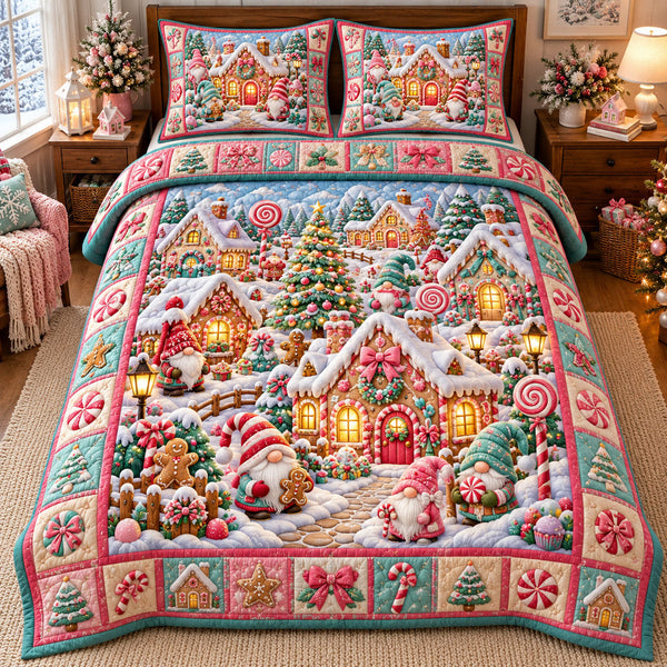 Gnome Village in Tan quilted bedding set, quilt and two pillow shams on a made bed
