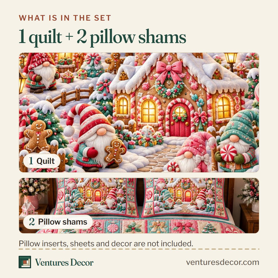 What is in the set: one quilt and two pillow shams, shown in the Gnome Village in Tan Quilt Set, 3-Piece Quilted Bedding with 2 Pillow Shams design