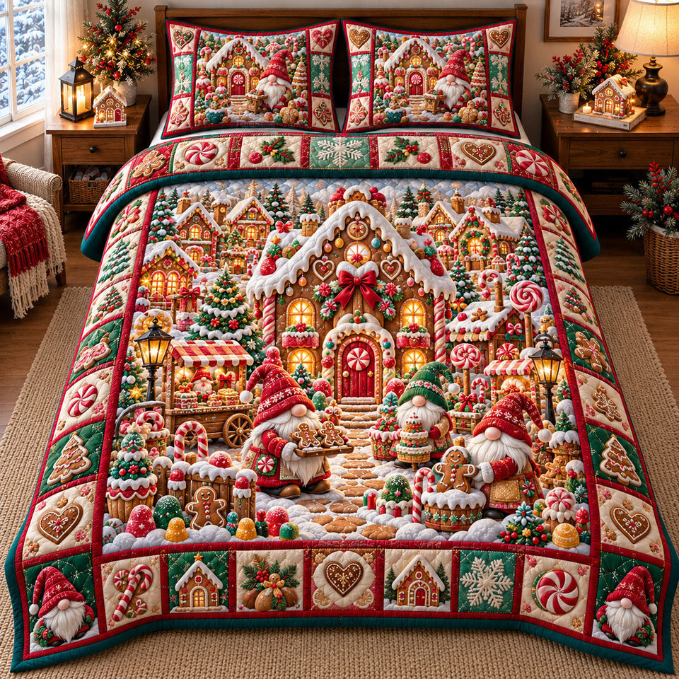 Gnome Village quilted bedding set, quilt and two pillow shams on a made bed