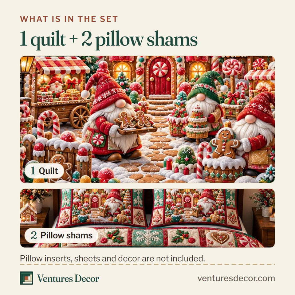 What is in the set: one quilt and two pillow shams, shown in the Gnome Village Quilt Set, 3-Piece Quilted Bedding with 2 Pillow Shams design