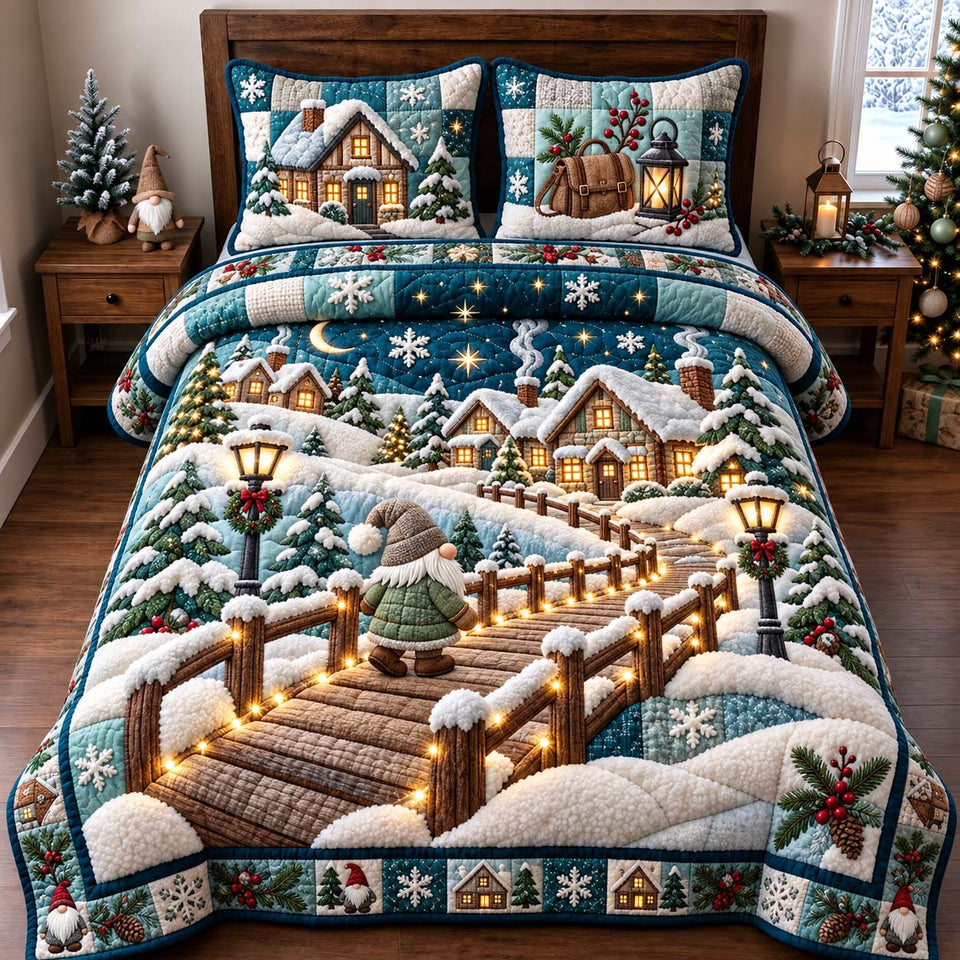 Gnome Winter Journey quilted bedding set, quilt and two pillow shams on a made bed
