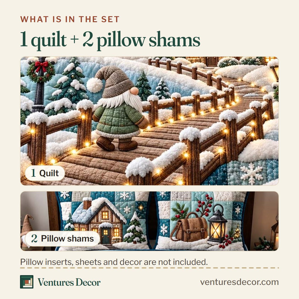 What is in the set: one quilt and two pillow shams, shown in the Gnome Winter Journey Quilt Set, 3-Piece Quilted Bedding with 2 Pillow Shams design