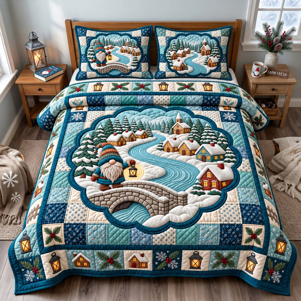 Gnome Winter Village quilted bedding set, quilt and two pillow shams on a made bed