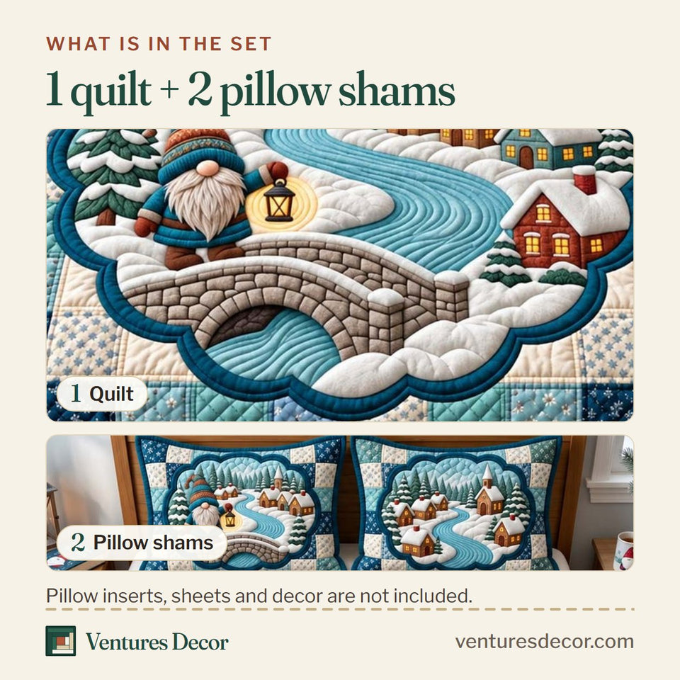 What is in the set: one quilt and two pillow shams, shown in the Gnome Winter Village Quilt Set, 3-Piece Quilted Bedding with 2 Pillow Shams design