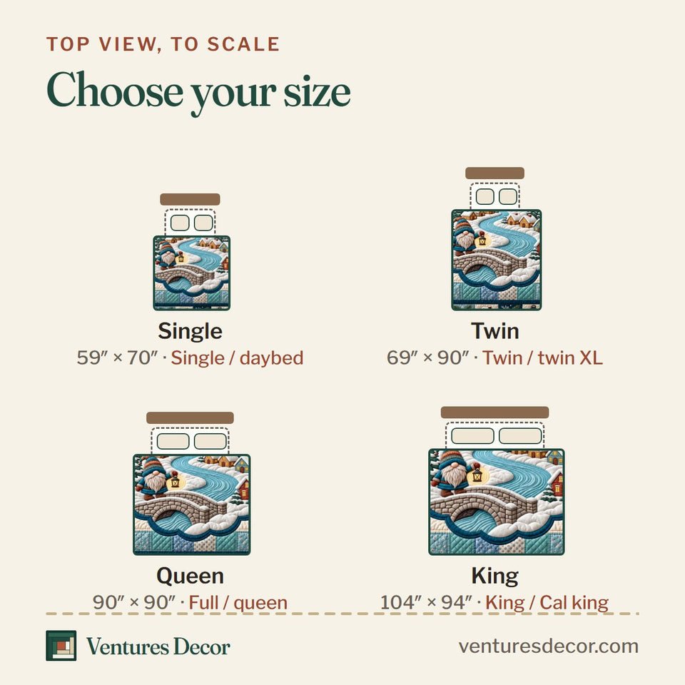 Size guide for the Gnome Winter Village Quilt Set, 3-Piece Quilted Bedding with 2 Pillow Shams quilt, top view to scale: Single 59 x 70 in, Twin 69 x 90 in, Queen 90 x 90 in, King 104 x 94 in