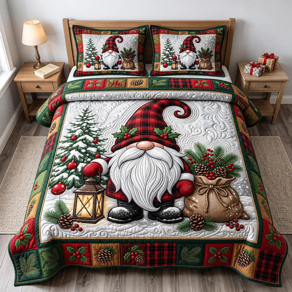 Gnome with Lantern and Tree quilted bedding set, quilt and two pillow shams on a made bed