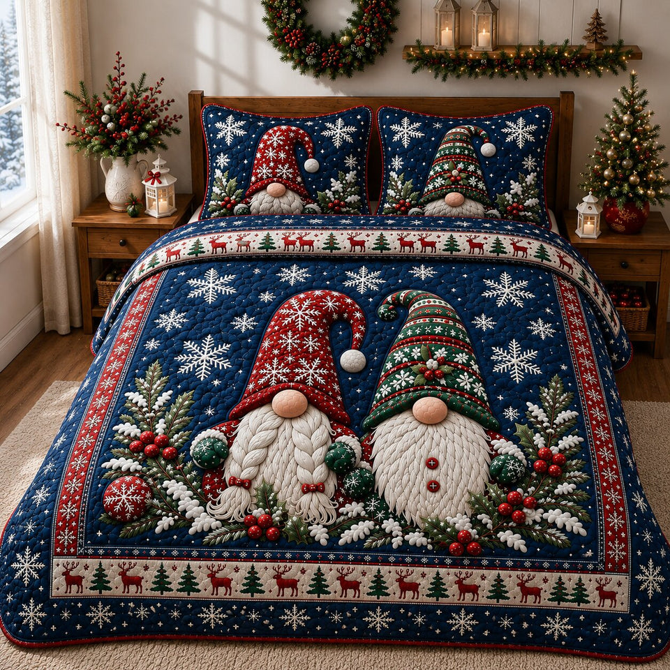 Gnomes Cheer quilted bedding set, quilt and two pillow shams on a made bed