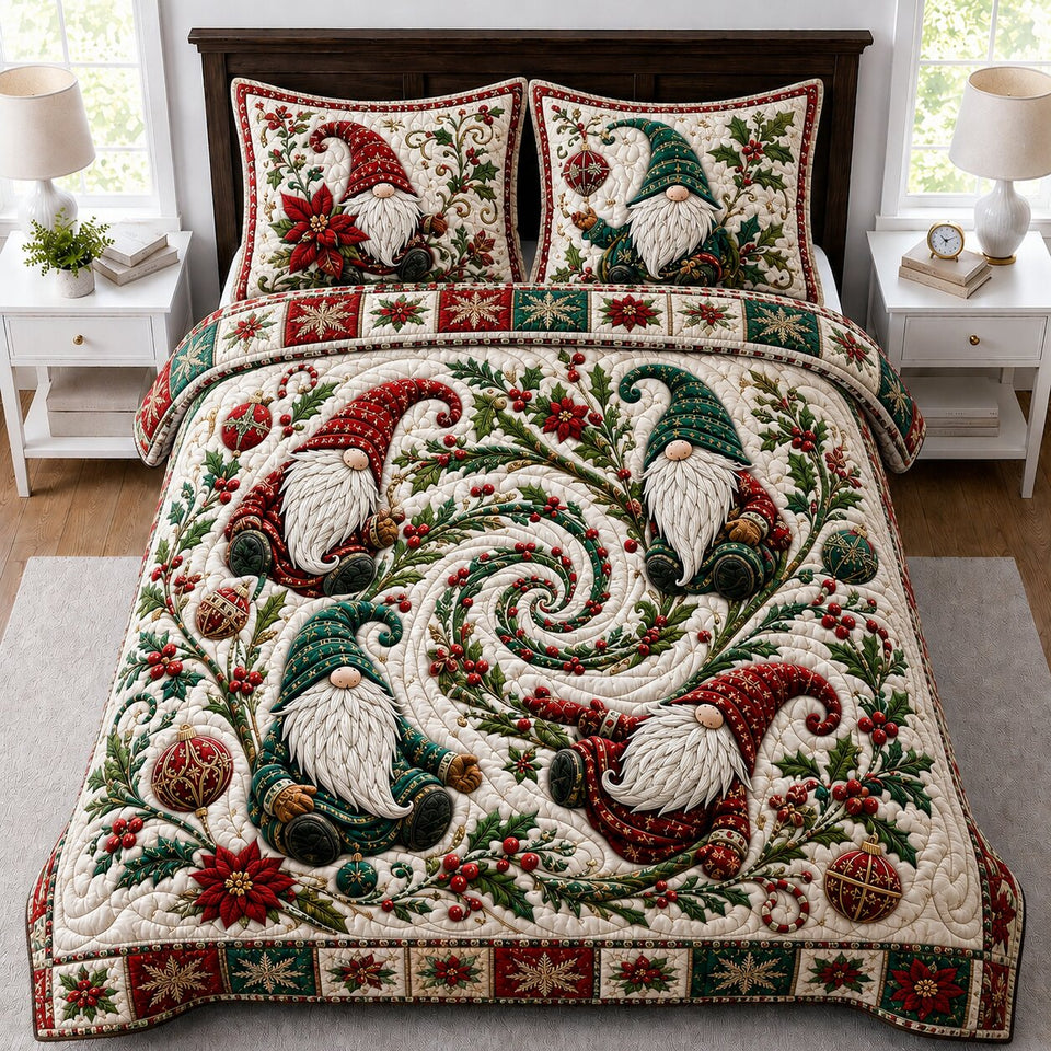 Gnomes Cottage quilted bedding set, quilt and two pillow shams on a made bed