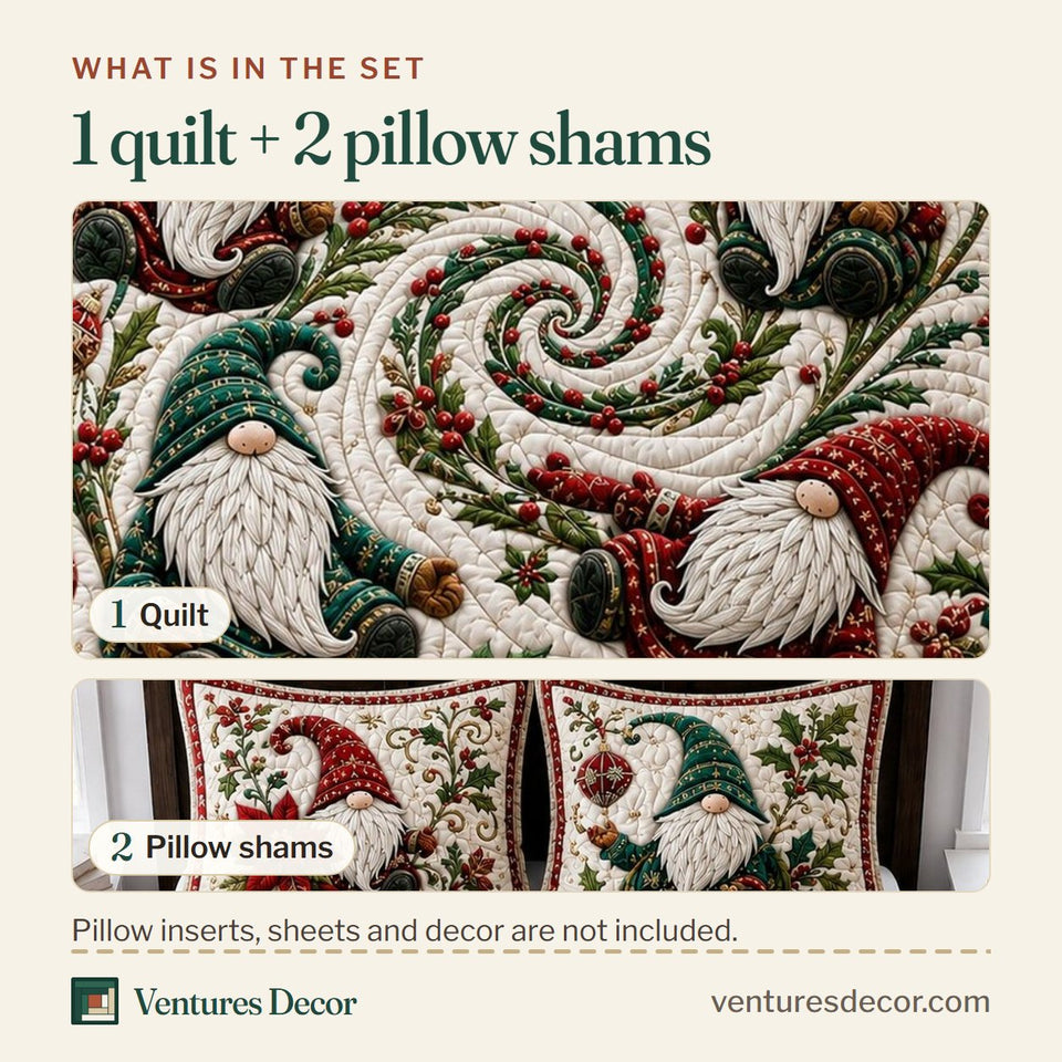 What is in the set: one quilt and two pillow shams, shown in the Gnomes Cottage design