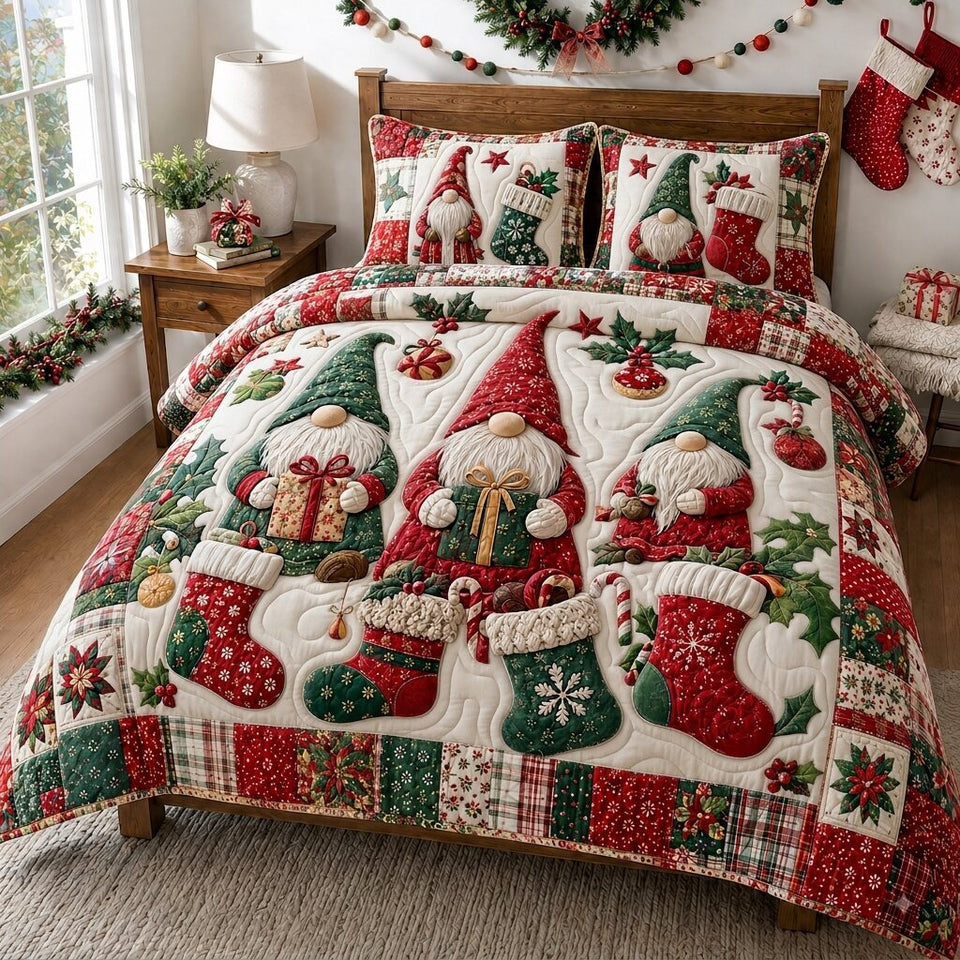 Gnomes Wonderland quilted bedding set, quilt and two pillow shams on a made bed