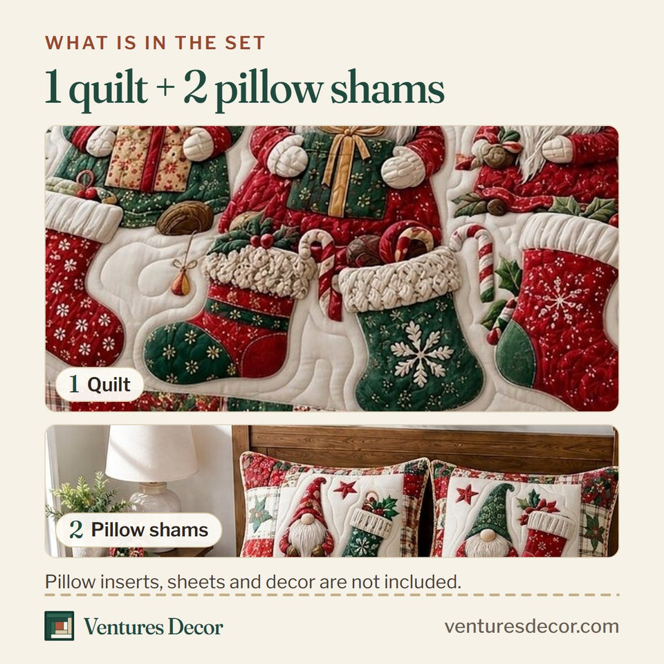 What is in the set: one quilt and two pillow shams, shown in the Gnomes Wonderland design