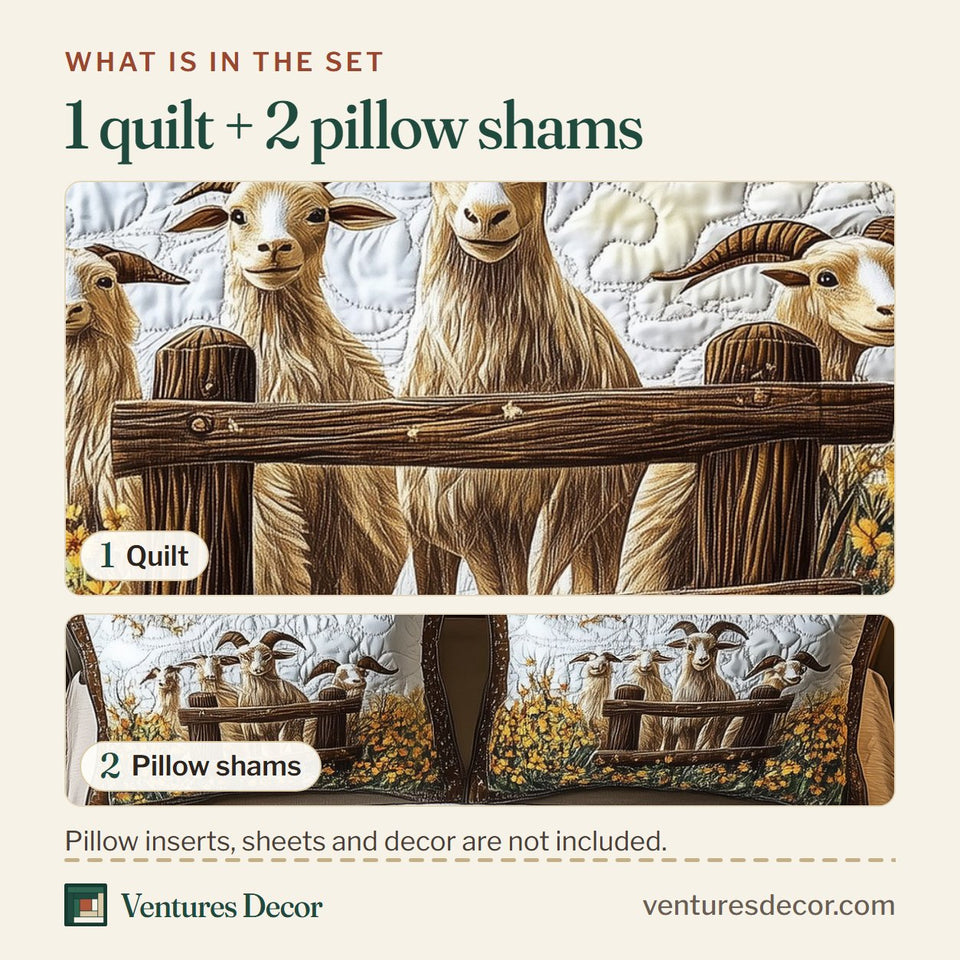 What is in the set: one quilt and two pillow shams, shown in the Goat Lover Herd Behind White Rails design