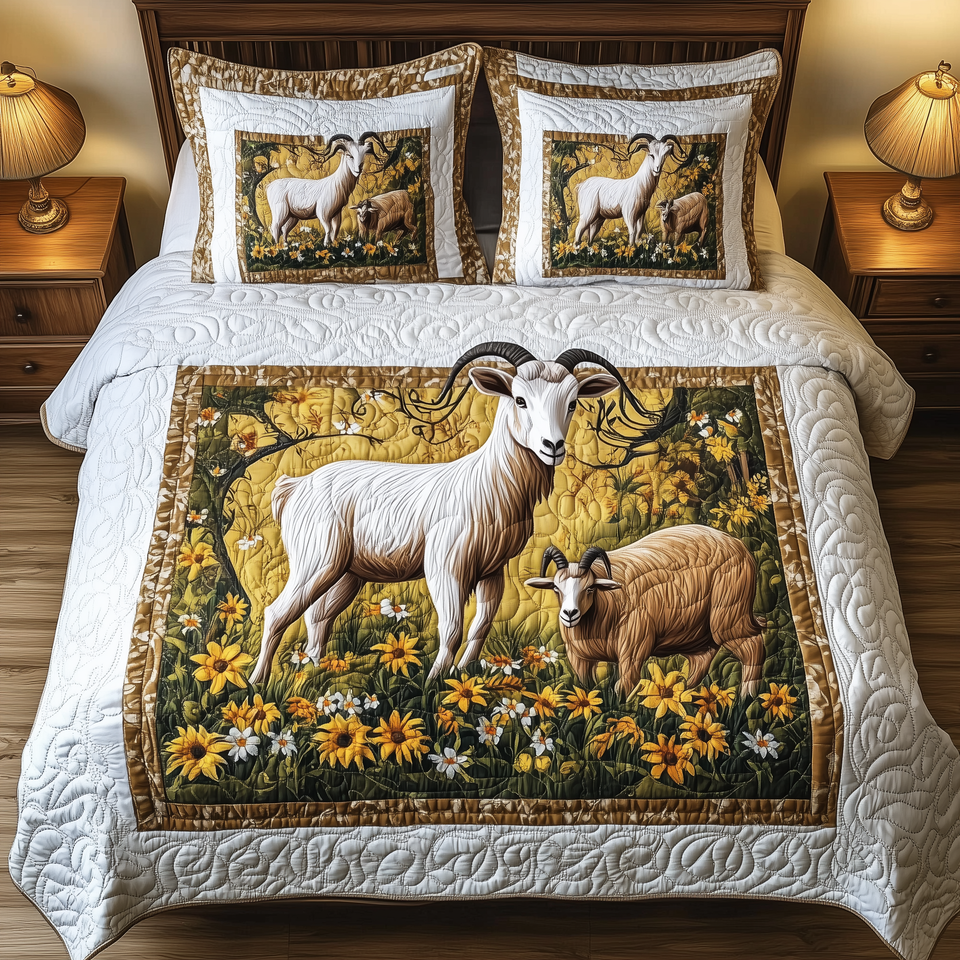 Goat Lover Nanny and Kid in Gold Pasture quilted bedding set, quilt and two pillow shams on a made bed