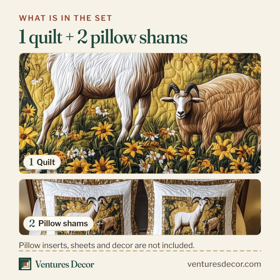 What is in the set: one quilt and two pillow shams, shown in the Goat Lover Nanny and Kid in Gold Pasture design