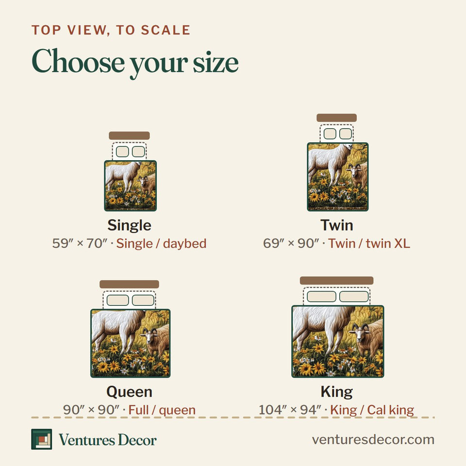 Size guide for the Goat Lover Nanny and Kid in Gold Pasture quilt, top view to scale: Single 59 x 70 in, Twin 69 x 90 in, Queen 90 x 90 in, King 104 x 94 in
