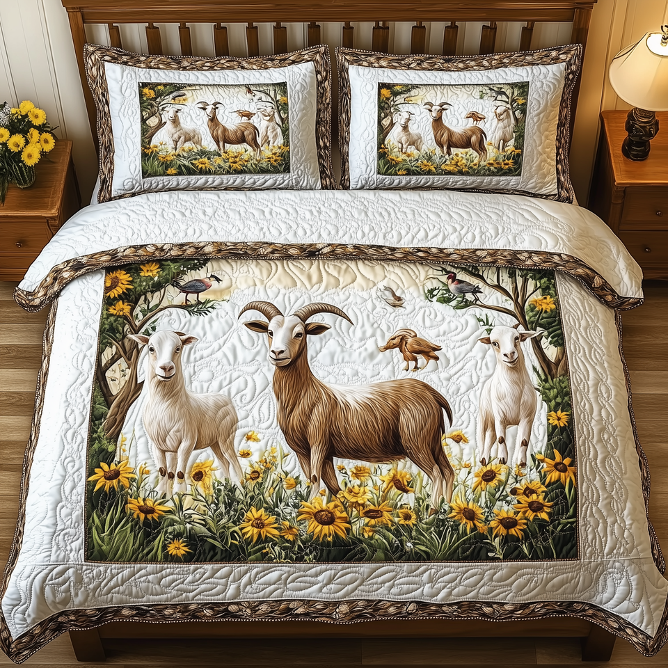 Goat Lover Sunflower Meadow Panel quilted bedding set, quilt and two pillow shams on a made bed