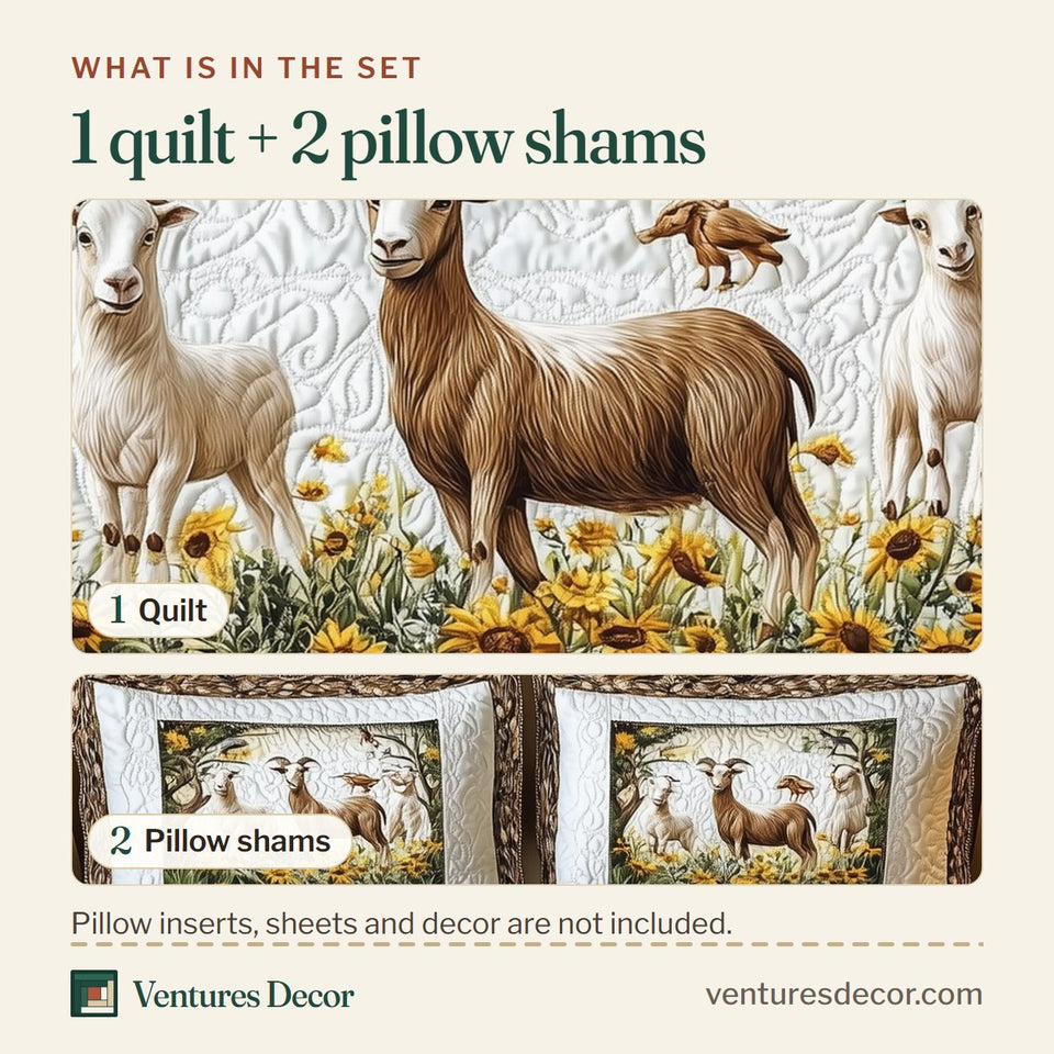 What is in the set: one quilt and two pillow shams, shown in the Goat Lover Sunflower Meadow Panel design