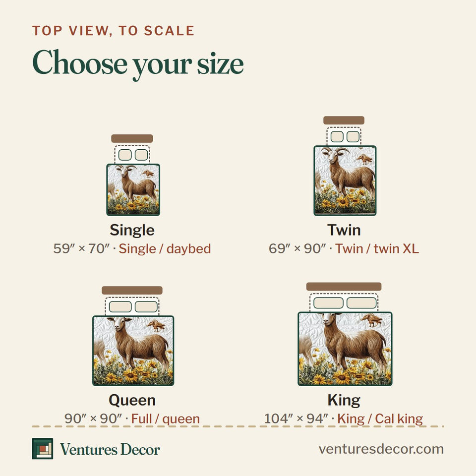 Size guide for the Goat Lover Sunflower Meadow Panel quilt, top view to scale: Single 59 x 70 in, Twin 69 x 90 in, Queen 90 x 90 in, King 104 x 94 in