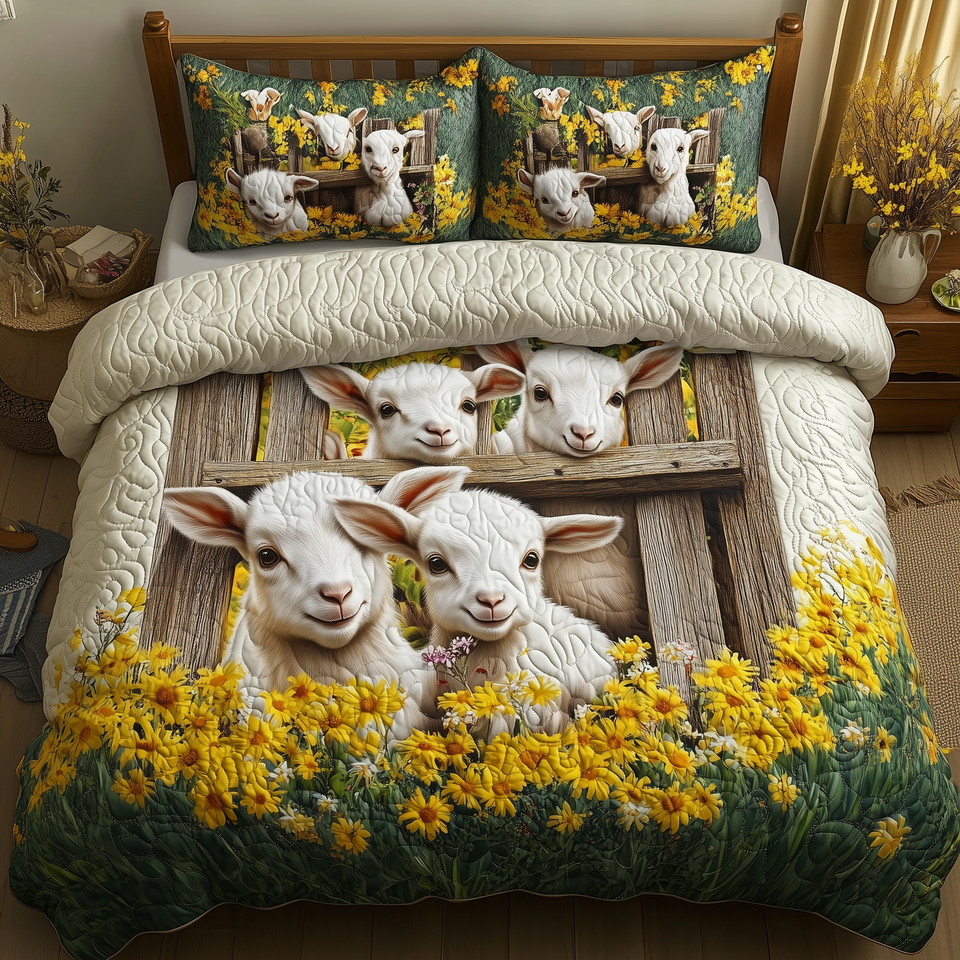 Goat Lover Two Kids at the Grey Fence quilted bedding set, quilt and two pillow shams on a made bed