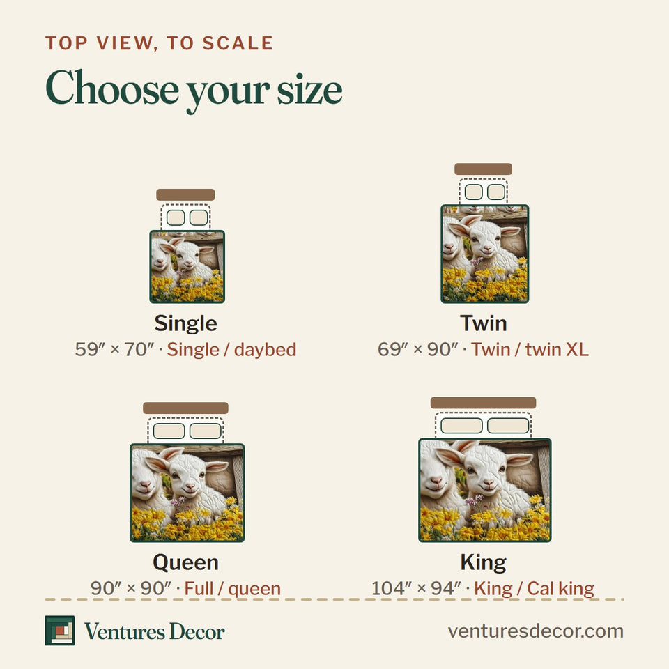 Size guide for the Goat Lover Two Kids at the Grey Fence quilt, top view to scale: Single 59 x 70 in, Twin 69 x 90 in, Queen 90 x 90 in, King 104 x 94 in