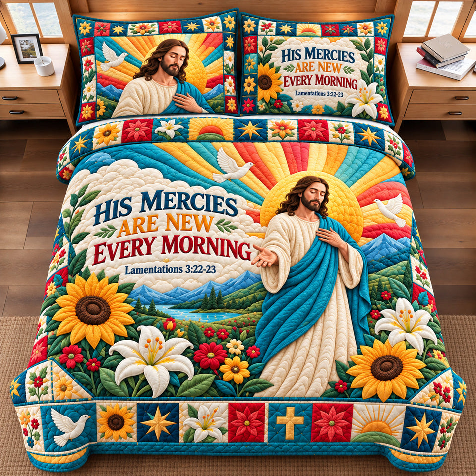 God Bible Blessing quilted bedding set, quilt and two pillow shams on a made bed