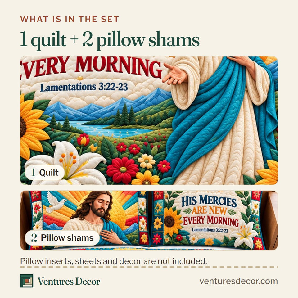 What is in the set: one quilt and two pillow shams, shown in the Christian God Bible Blessing Quilt Set, 3-Piece Quilted Bedding with 2 Pillow Shams design