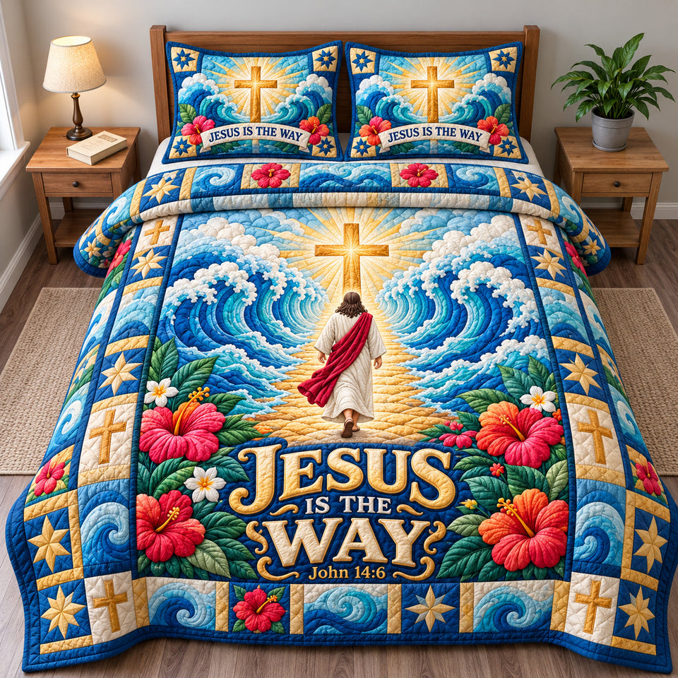 God Bible Grace quilted bedding set, quilt and two pillow shams on a made bed
