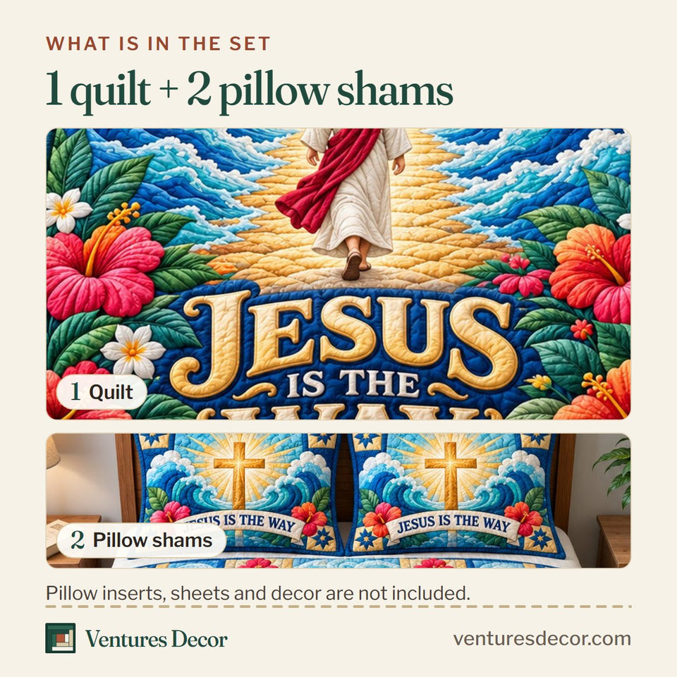 What is in the set: one quilt and two pillow shams, shown in the Christian God Bible Grace Quilt Set, 3-Piece Quilted Bedding with 2 Pillow Shams design