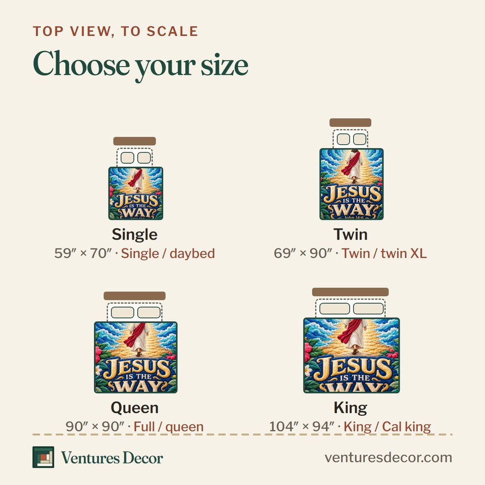 Size guide for the Christian God Bible Grace Quilt Set, 3-Piece Quilted Bedding with 2 Pillow Shams quilt, top view to scale: Single 59 x 70 in, Twin 69 x 90 in, Queen 90 x 90 in, King 104 x 94 in