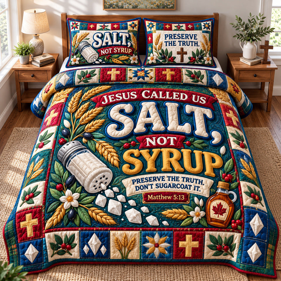 God Bible Hope quilted bedding set, quilt and two pillow shams on a made bed