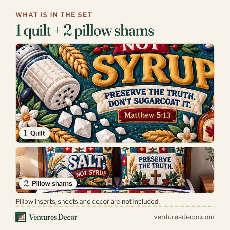 What is in the set: one quilt and two pillow shams, shown in the Christian God Bible Hope Quilt Set, 3-Piece Quilted Bedding with 2 Pillow Shams design
