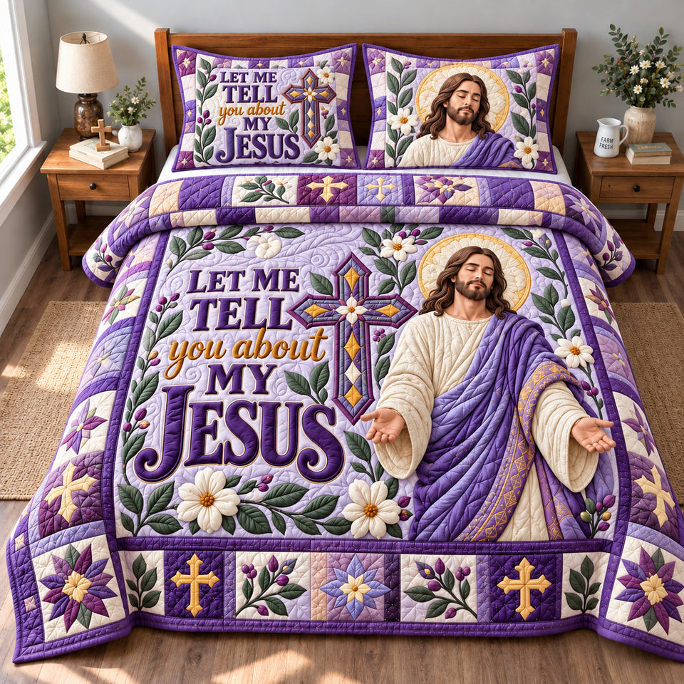 God Bible Promise quilted bedding set, quilt and two pillow shams on a made bed