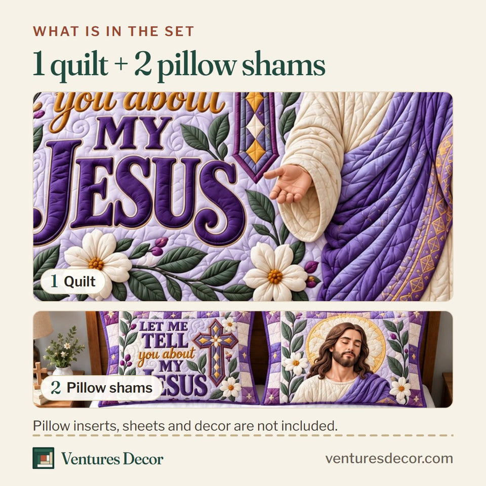 What is in the set: one quilt and two pillow shams, shown in the Christian God Bible Promise Quilt Set, 3-Piece Quilted Bedding with 2 Pillow Shams design