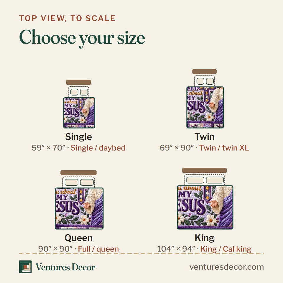 Size guide for the Christian God Bible Promise Quilt Set, 3-Piece Quilted Bedding with 2 Pillow Shams quilt, top view to scale: Single 59 x 70 in, Twin 69 x 90 in, Queen 90 x 90 in, King 104 x 94 in