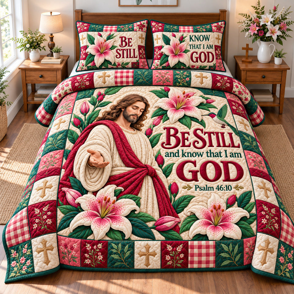 God Bible Truth quilted bedding set, quilt and two pillow shams on a made bed