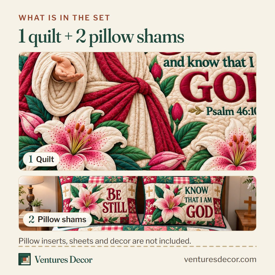 What is in the set: one quilt and two pillow shams, shown in the Christian God Bible Truth Quilt Set, 3-Piece Quilted Bedding with 2 Pillow Shams design